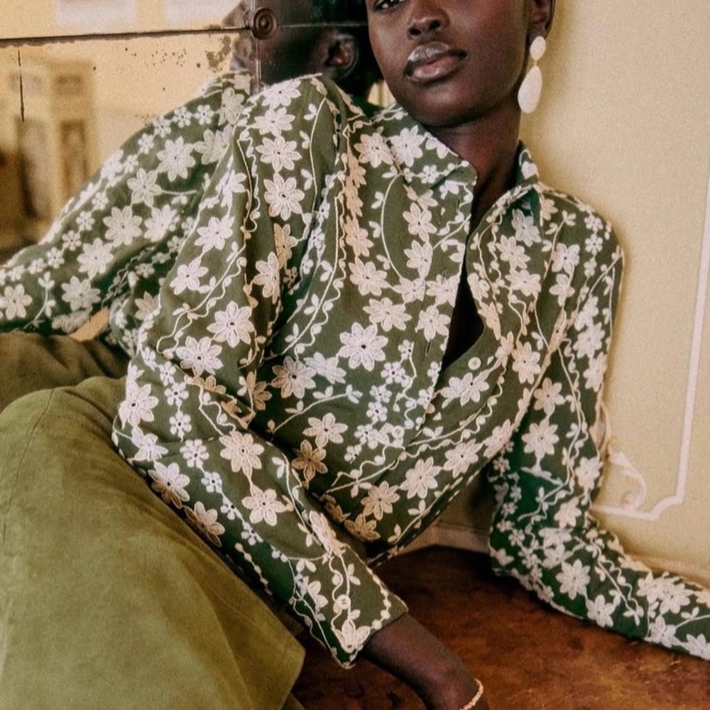 Sezane Green Floral Embroidered Button-Up Blouse